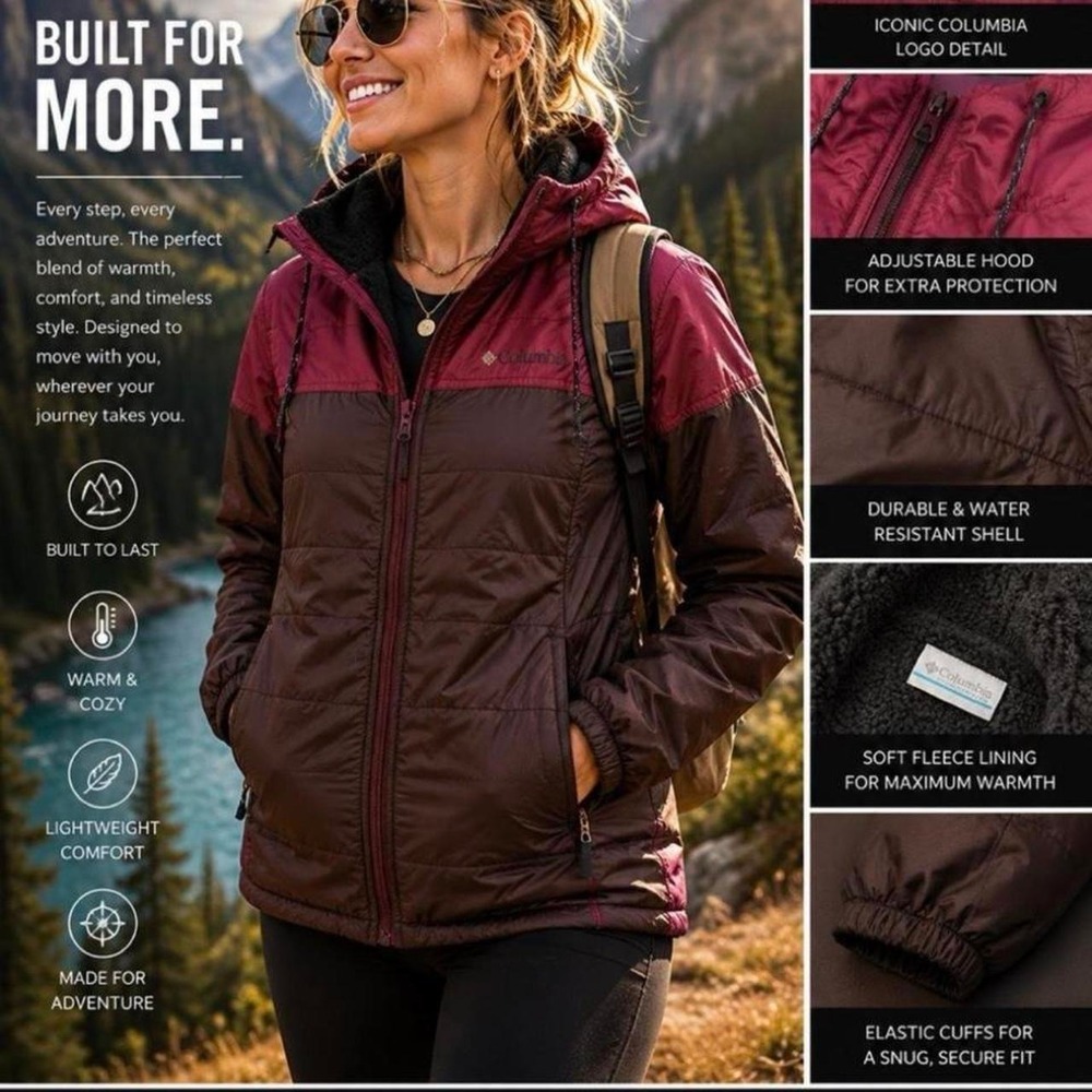 Columbia Fleece Hooded Jacket Burgundy & Brown Women's M Insulated Winter Coat